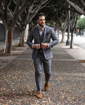 Grey Check Suit Outfits: For a look that's refined and truly envy-worthy, reach for a grey check suit and a white dress shirt. Let your styling savvy truly shine by finishing off with brown suede loafers.