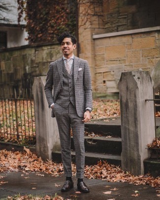Grey Check Suit Outfits: For elegant style with a twist, reach for a grey check suit and a grey vertical striped dress shirt. If in doubt about the footwear, stick to dark brown leather loafers.