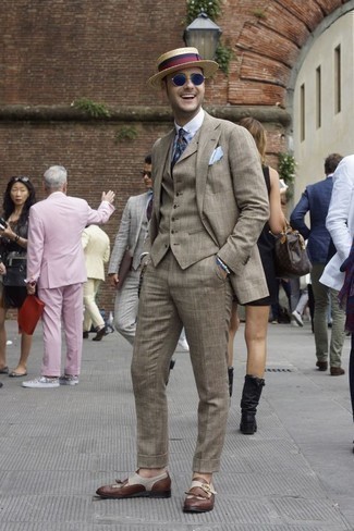 Beige Straw Hat Outfits For Men: Breathe personality into your day-to-day casual wardrobe with a grey check three piece suit and a beige straw hat. Feeling adventerous? Smarten up this look by rounding off with a pair of brown leather monks.
