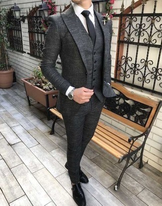 Grey Three Piece Suit Outfits: Combining a grey three piece suit with a white dress shirt is a savvy option for a dapper and elegant getup. And if you wish to easily tone down this ensemble with footwear, complement this ensemble with a pair of black leather monks.