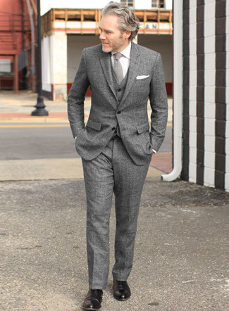 Men's Grey Wool Three Piece Suit, White Dress Shirt, Black Leather Oxford Shoes, Grey Wool Tie