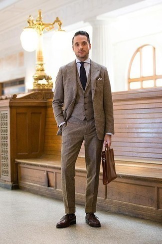 Men's Brown Three Piece Suit, White Dress Shirt, Burgundy Leather Oxford Shoes, Brown Leather Briefcase