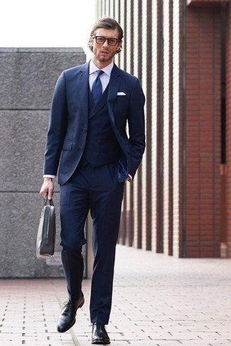Men's Navy Three Piece Suit, White Dress Shirt, Black Leather Oxford Shoes, Charcoal Leather Briefcase