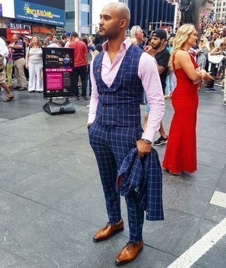 Pink Check Dress Shirt Outfits For Men: Pairing a pink check dress shirt and a navy check three piece suit is a guaranteed way to infuse your day-to-day repertoire with some rugged elegance. Introduce tobacco leather oxford shoes to the equation and ta-da: the look is complete.
