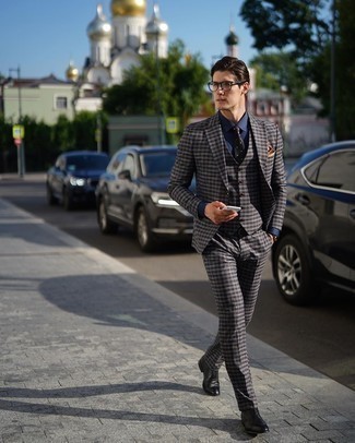 Black Polka Dot Tie Outfits For Men: Loving the way this pairing of a charcoal gingham three piece suit and a black polka dot tie instantly makes any guy look refined and smart. A pair of black leather oxford shoes integrates smoothly within a ton of ensembles.