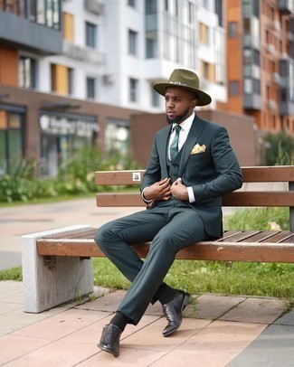 Men's Dark Green Three Piece Suit, White Dress Shirt, Black Leather Oxford Shoes, Olive Wool Hat