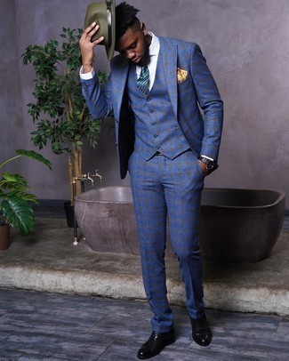 Navy Three Piece Suit Outfits: Pairing a navy three piece suit and a white dress shirt will allow you to demonstrate your outfit coordination prowess. If you're not sure how to finish off, a pair of black leather oxford shoes is a nice idea.