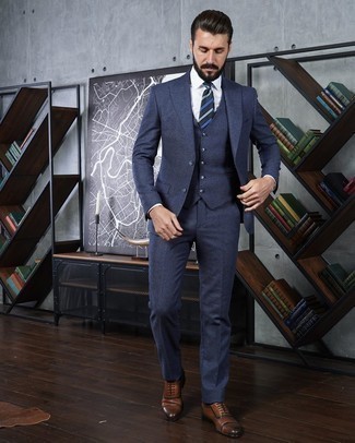 Navy and White Horizontal Striped Tie Outfits For Men: Team a navy wool three piece suit with a navy and white horizontal striped tie for outrageously dapper attire. Make this getup more current by rounding off with brown leather oxford shoes.