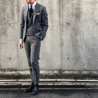 Charcoal Vertical Striped Three Piece Suit Outfits: You'll be surprised at how extremely easy it is to put together this refined outfit. Just a charcoal vertical striped three piece suit married with a white dress shirt. When it comes to footwear, add a pair of black leather oxford shoes to this look.