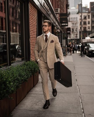 Dark Brown Horizontal Striped Tie Outfits For Men: Marrying a tan three piece suit with a dark brown horizontal striped tie is a savvy choice for a dapper and refined look. Put a dressed-down spin on an otherwise traditional ensemble by rocking a pair of dark brown leather oxford shoes.