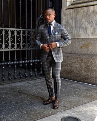 White and Navy Pocket Square Outfits: Pair a charcoal plaid three piece suit with a white and navy pocket square for a seriously stylish, off-duty look. Dark brown leather oxford shoes will effortlessly spruce up even the most basic outfit.