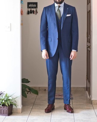 Men's Blue Three Piece Suit, White Dress Shirt, Burgundy Leather Oxford Shoes, Olive Polka Dot Tie