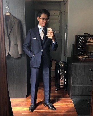 Navy Three Piece Suit Outfits: Showcase your menswear game in a navy three piece suit and a light blue vertical striped dress shirt. Introduce black leather oxford shoes to the mix and the whole look will come together perfectly.