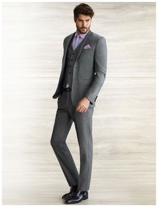 Charcoal Microcheck Wool Three Piece Suit With Flat Front Pants