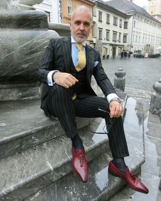 Men's Black Vertical Striped Three Piece Suit, Light Blue Dress Shirt, Red Leather Tassel Loafers, Yellow Polka Dot Tie