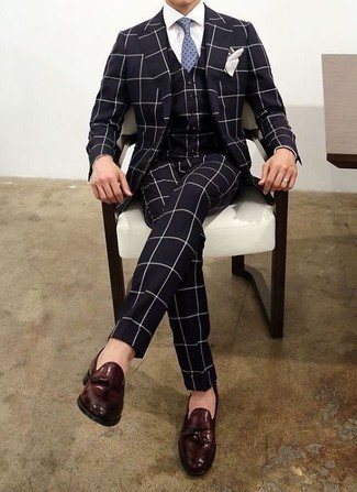 Navy Check Suit Outfits: Marrying a navy check suit with a white dress shirt is a savvy idea for a classic and classy getup. If you're puzzled as to how to finish, complement your look with a pair of burgundy leather tassel loafers.