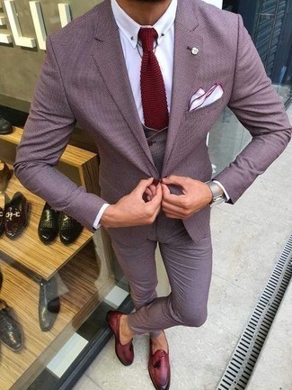 Burgundy Three Piece Suit Outfits: This combo of a burgundy three piece suit and a white dress shirt can only be described as ridiculously dapper and refined. A pair of burgundy leather tassel loafers adds a new depth to an otherwise mostly classic ensemble.