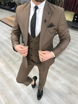 Black Polka Dot Tie Outfits For Men: Wear a brown three piece suit with a black polka dot tie if you're going for a neat, stylish ensemble. If you wish to instantly tone down your outfit with one piece, complement this getup with a pair of black leather tassel loafers.