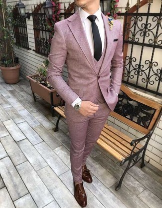 Purple Three Piece Suit with Dress Shirt Outfits: A purple three piece suit and a dress shirt are absolute wardrobe heroes if you're picking out a dapper wardrobe that matches up to the highest men's fashion standards. Switch up this look by rocking brown leather tassel loafers.