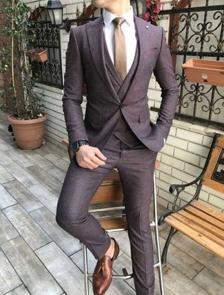 Purple Three Piece Suit Outfits: Try teaming a purple three piece suit with a white dress shirt for masculine elegance with a modernized spin. Spice up your getup by finishing off with brown leather tassel loafers.