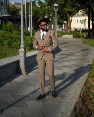 Men's Tan Three Piece Suit, White Dress Shirt, Black Leather Tassel Loafers, Olive Wool Hat