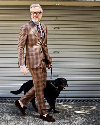 Brown Plaid Three Piece Suit Outfits: This elegant pairing of a brown plaid three piece suit and a light blue dress shirt will cement your sartorial prowess. A pair of dark brown suede tassel loafers looks amazing here.