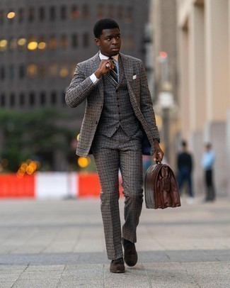 Charcoal Check Wool Suit Outfits: For an outfit that's sharp and gasp-worthy, reach for a charcoal check wool suit and a white dress shirt. This getup is complemented wonderfully with dark brown suede tassel loafers.