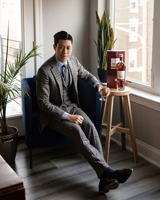 Grey Check Suit Outfits: Make a powerful entrance anywhere you go in a grey check suit and a light blue dress shirt. Our favorite of a multitude of ways to round off this ensemble is a pair of dark brown suede tassel loafers.