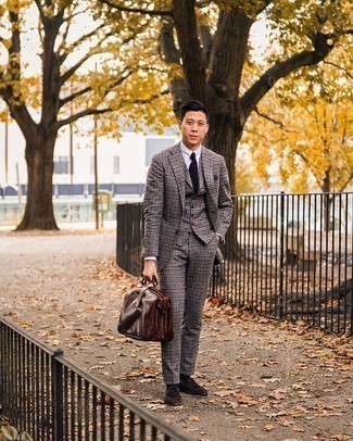 Grey Check Suit Outfits: A grey check suit and a white dress shirt? Make no mistake, this ensemble will make heads turn. If you're wondering how to finish, a pair of dark brown suede tassel loafers is a smart idea.