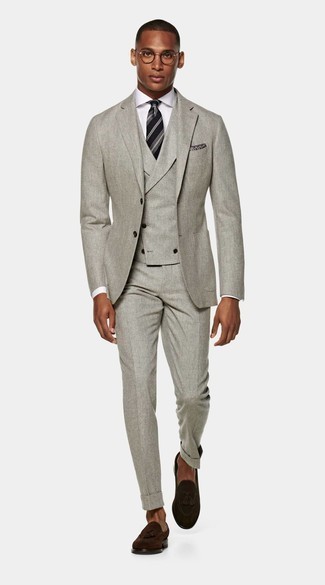 Men's Grey Three Piece Suit, White Dress Shirt, Dark Brown Suede Tassel Loafers, Black Horizontal Striped Tie