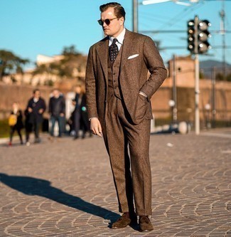 Brown Wool Three Piece Suit Outfits: Opt for a brown wool three piece suit and a white dress shirt to exude elegance and refinement. Not sure how to finish off? Add dark brown suede tassel loafers to the mix for a more relaxed finish.