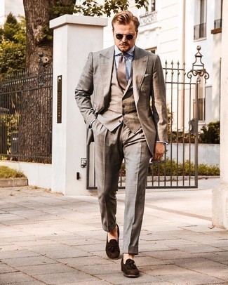 Brown Check Tie Outfits For Men: Rock a brown three piece suit with a brown check tie to look good and smart. For something more on the relaxed end to round off this getup, introduce a pair of dark brown suede tassel loafers to the mix.