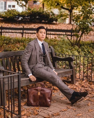 Blue Polka Dot Tie Outfits For Men: This polished pairing of a brown check three piece suit and a blue polka dot tie is a popular choice among the stylish guys. Bring an air of stylish nonchalance to by slipping into a pair of dark brown suede tassel loafers.