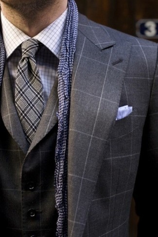 Grey Plaid Tie Outfits For Men: Teaming a charcoal check three piece suit and a grey plaid tie is a fail-safe way to infuse your closet with some masculine sophistication.