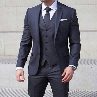 Solid Charcoal Pure Wool Vested Classic Fit Suit