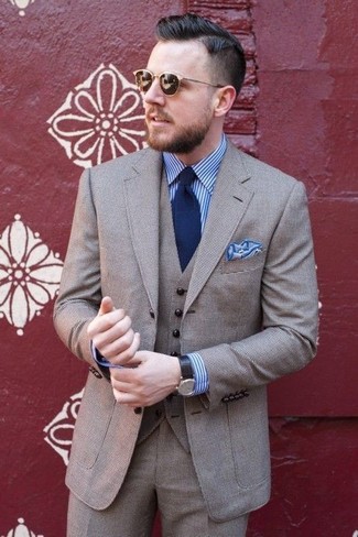 Men's Grey Wool Three Piece Suit, White and Blue Vertical Striped Dress Shirt, Navy Tie, Light Blue Pocket Square