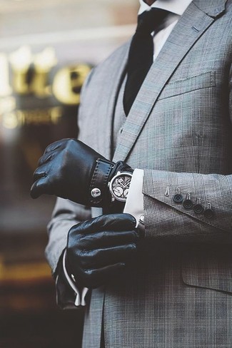 Men's Grey Plaid Three Piece Suit, White Dress Shirt, Black Tie, Black Leather Gloves