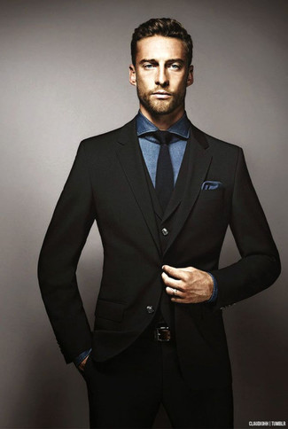 Comfort Stretch Black Stripe Vested Slim Fit Suit