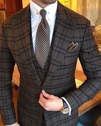 Dark Brown Polka Dot Pocket Square Outfits: A dark brown check three piece suit and a dark brown polka dot pocket square are the ideal way to infuse muted dapperness into your current casual repertoire.