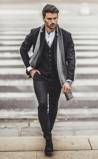 Men's Charcoal Three Piece Suit, White Long Sleeve Shirt, Charcoal Suede Chelsea Boots, White and Black Polka Dot Scarf