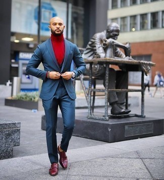 Burgundy Leather Double Monks Outfits: Pair a blue three piece suit with a red turtleneck for classic style with a clear fashion twist. Burgundy leather double monks integrate nicely within plenty of combinations.