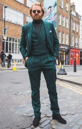 Dark Green Turtleneck Outfits For Men: This refined combination of a dark green turtleneck and a teal three piece suit is undoubtedly a statement-maker. As for shoes, add black suede loafers.