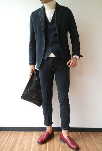 Comfort Stretch Black Stripe Vested Slim Fit Suit