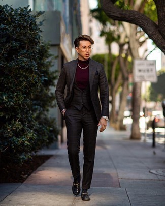 Grey Check Suit Outfits: Marry a grey check suit with a burgundy turtleneck for a neat elegant outfit. Give a different twist to your look by rocking a pair of black leather loafers.