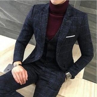 Men's Charcoal Check Three Piece Suit, Burgundy Turtleneck, White Pocket Square, Black Leather Watch