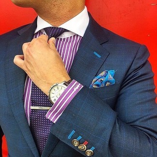 Men's Blue Print Pocket Square, Dark Purple Polka Dot Tie, Purple Vertical Striped Dress Shirt, Navy Check Blazer