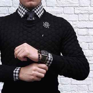 Men's Black Ceramic Watch, Black Tie, White and Black Gingham Dress Shirt, Black Crew-neck Sweater