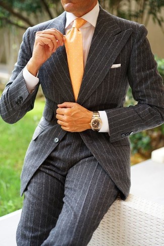 Charcoal Vertical Striped Wool Suit Outfits: 