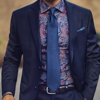 Men's Blue Print Pocket Square, Navy Silk Tie, Navy Paisley Dress Shirt, Navy Suit