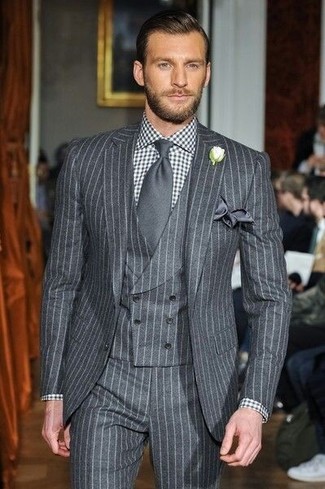 Men's Charcoal Silk Pocket Square, Charcoal Tie, Black and White Gingham Dress Shirt, Grey Vertical Striped Three Piece Suit